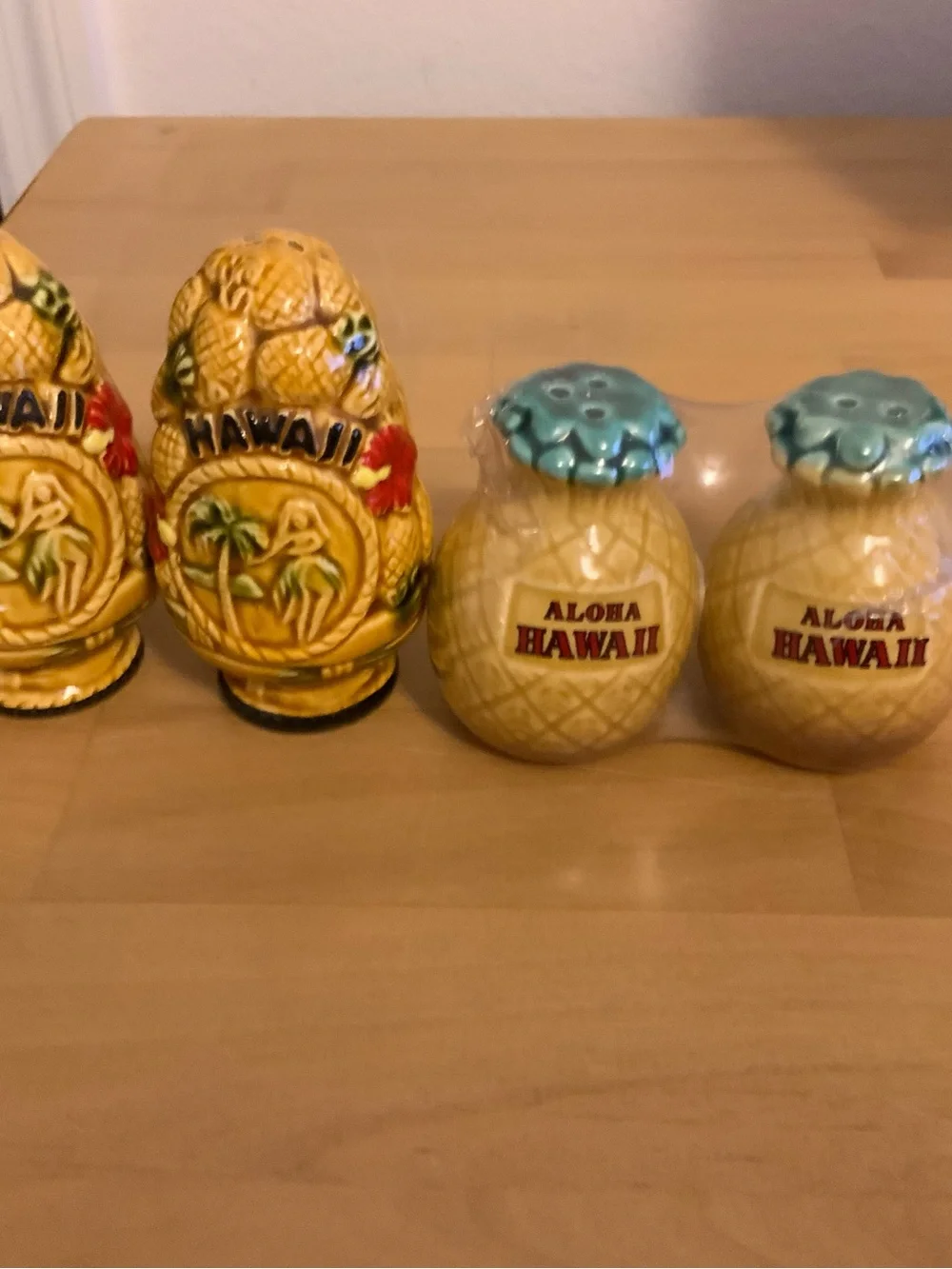 2 sets of Hawaii Pineapple Salt & Pepper Shakers - Yellow with Teal Tops